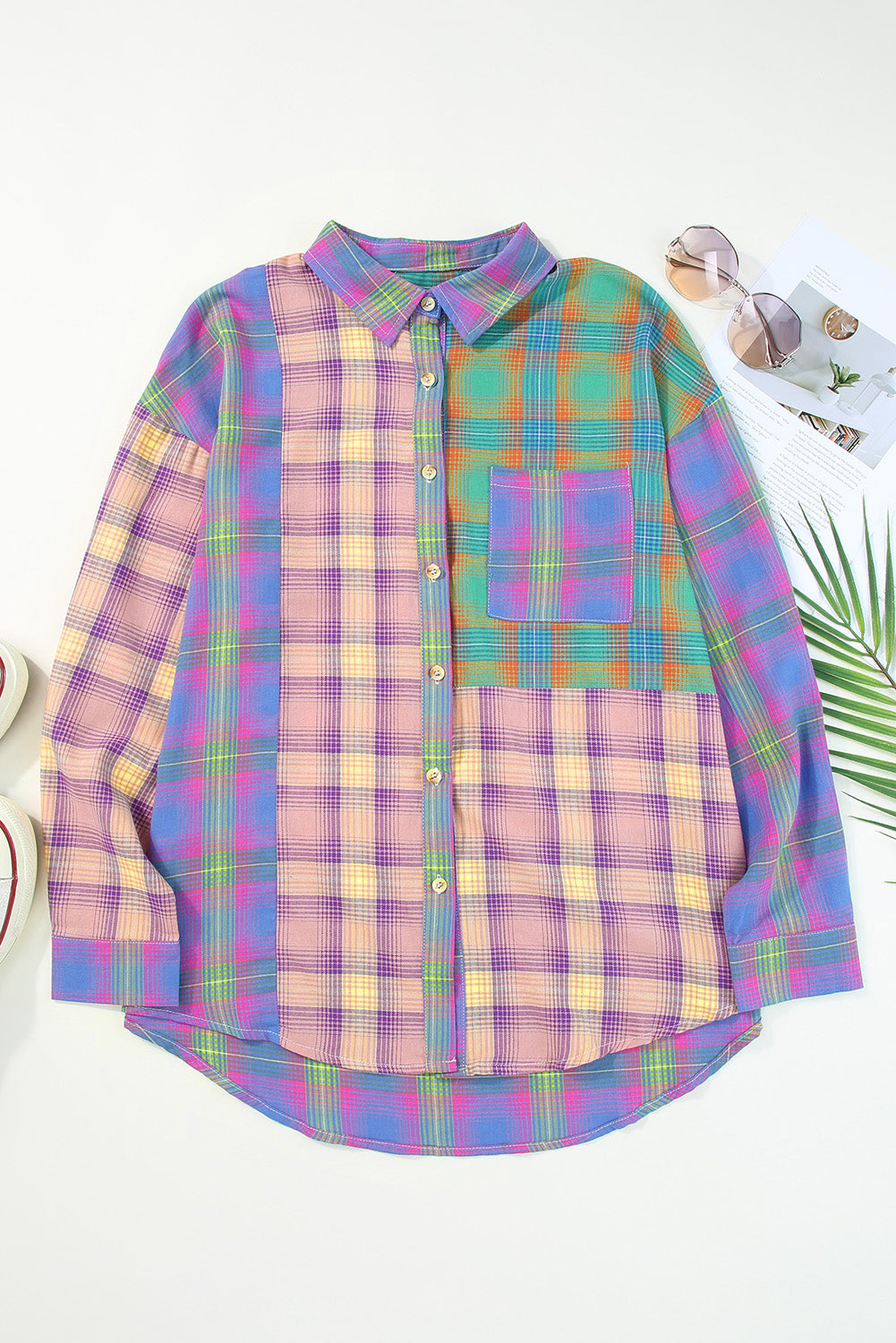Gradient Plaid Raw Hem Shirt