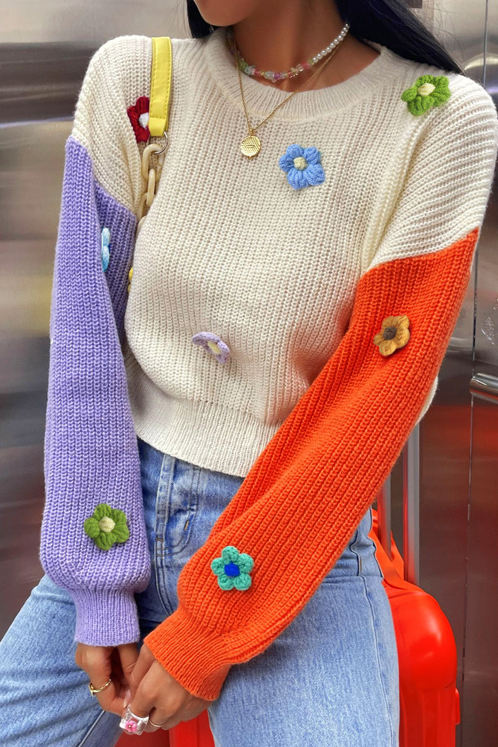 Flower Applique Colorblock Drop Shoulder Sweater