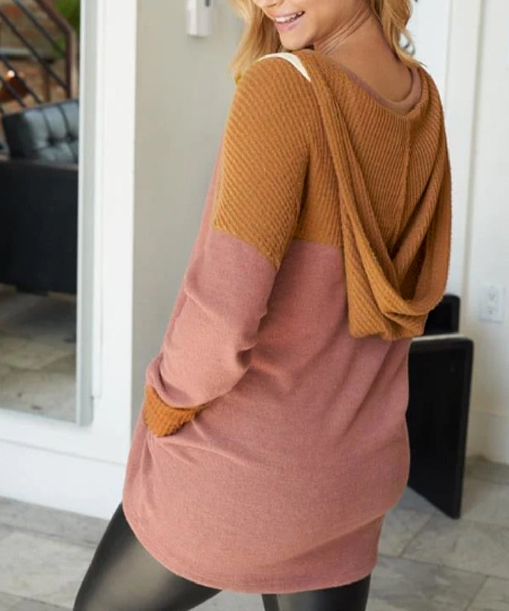 Waffle Knit Patchwork Drawstring V Neck Hoodie