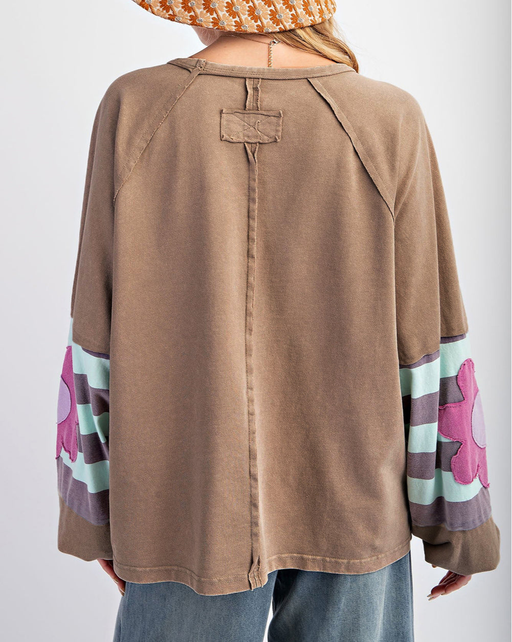 Flower Patchwork Raglan Sleeve Exposed Seam Oversized Top