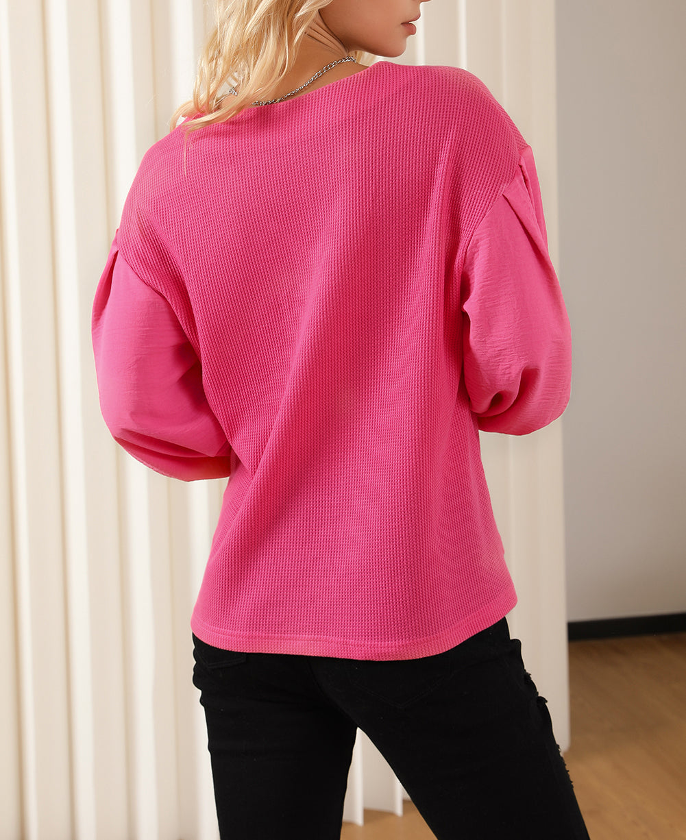 Waffle Knit Balloon Sleeve Splicing V Neck Top