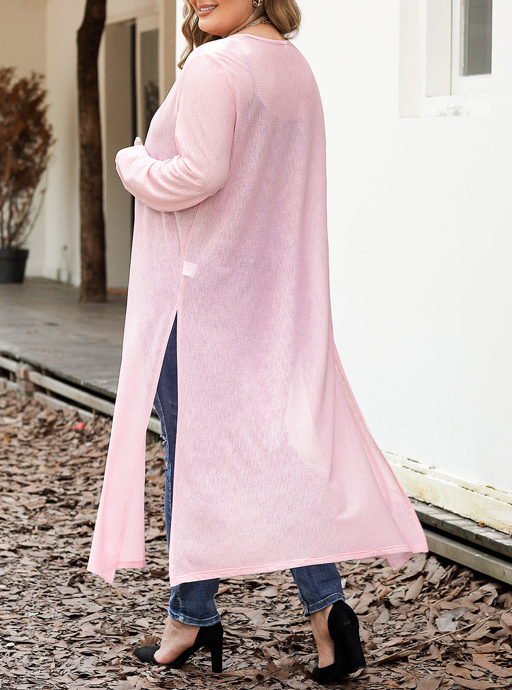 Sheer Knitted Long Side Slit Plus Size Cardigan