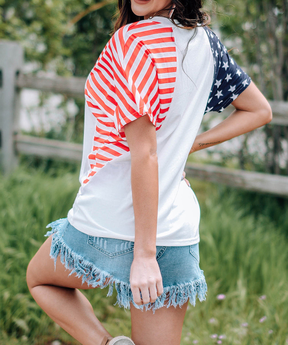 Chenille USA Stars and Stripes Printed V Neck T Shirt