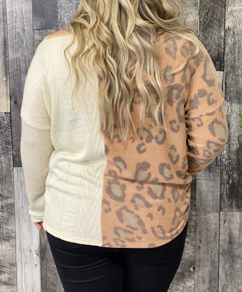 Leopard Cable Knit Mix Patchwork Cutout Plus Top