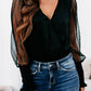 Black Mesh Long Sleeve Surplice Bodysuit