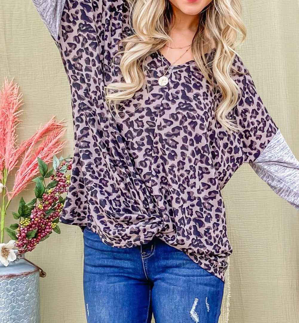 Leopard Print Drop Shoulder Patchwork Sleeve Top
