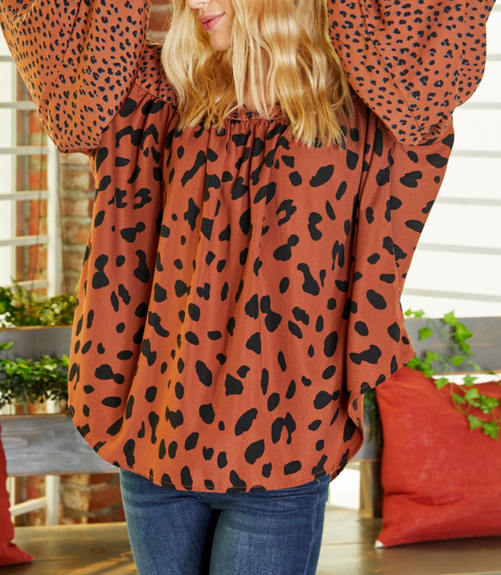 Contrast Leopard Print Bubble Sleeve Blouse