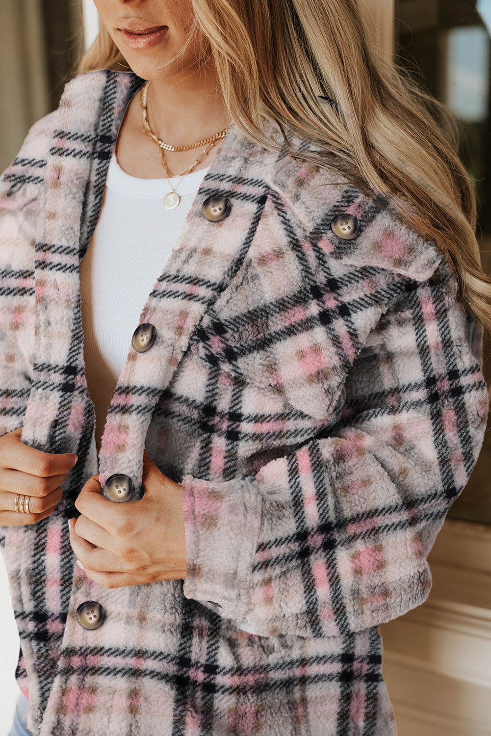 Sherpa Plaid Button Pocketed Jacket