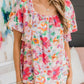 Watercolor Floral Square Neck Ruffle Sleeve Blouse