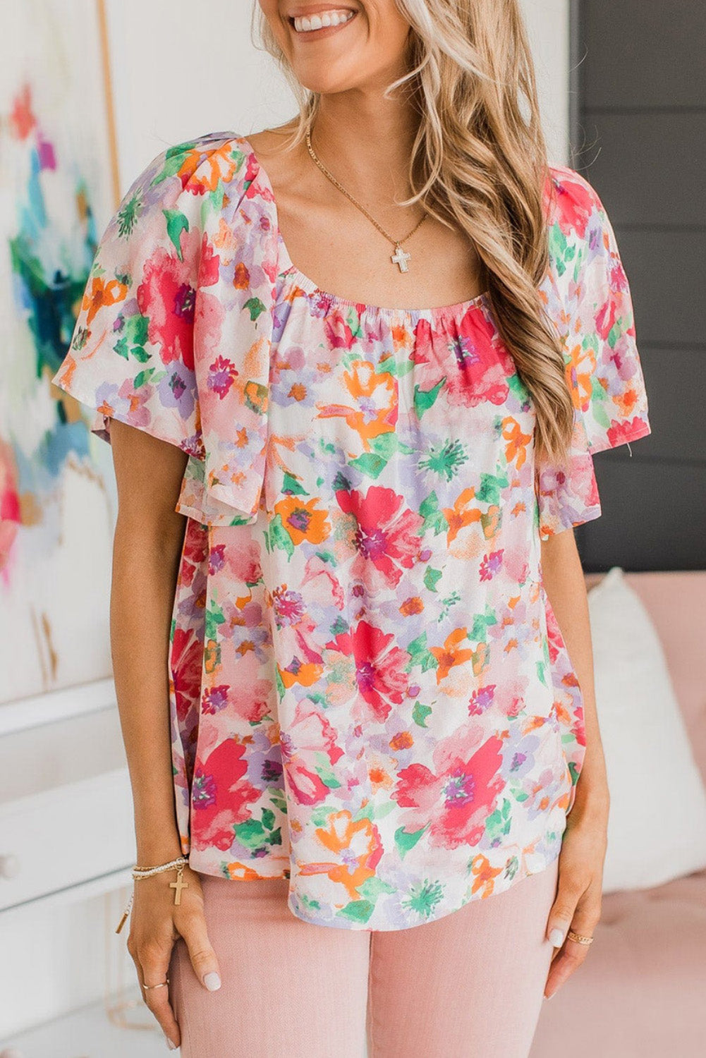 Watercolor Floral Square Neck Ruffle Sleeve Blouse