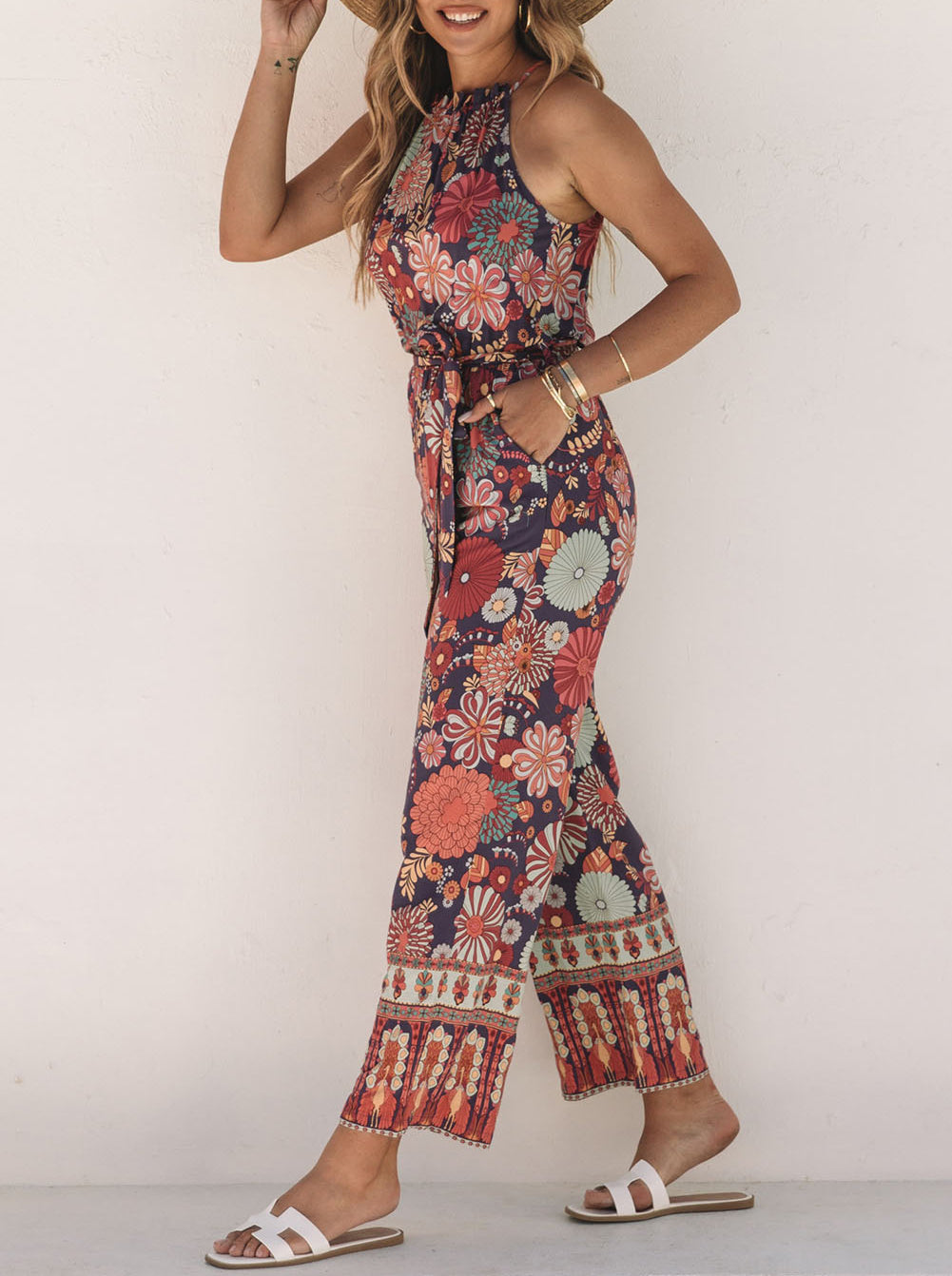 Floral Print Frill Halterneck Wide Leg Jumpsuit
