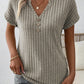 Wide Ribbed Notched V Neck Button Decor T shirt