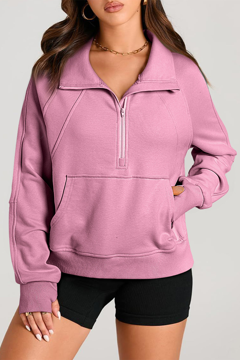 Zip Stand Neck Kangaroo Pocket Sweatshirt