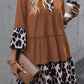 Leopard Trim V Neck Ruffled Sleeve Flared Dress