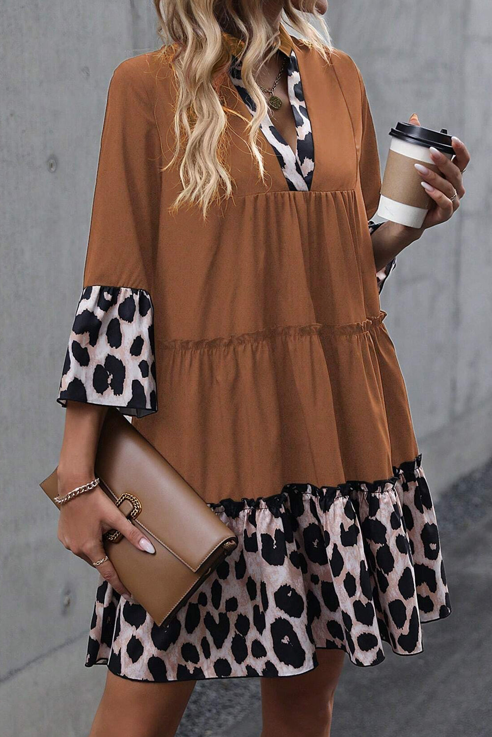 Leopard Trim V Neck Ruffled Sleeve Flared Dress