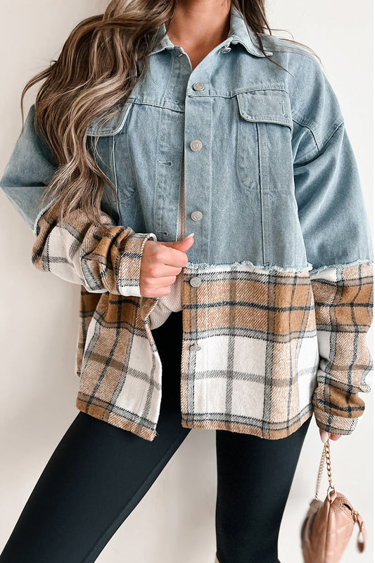 Plaid Patchwork Buttoned Oversized Denim Jacket