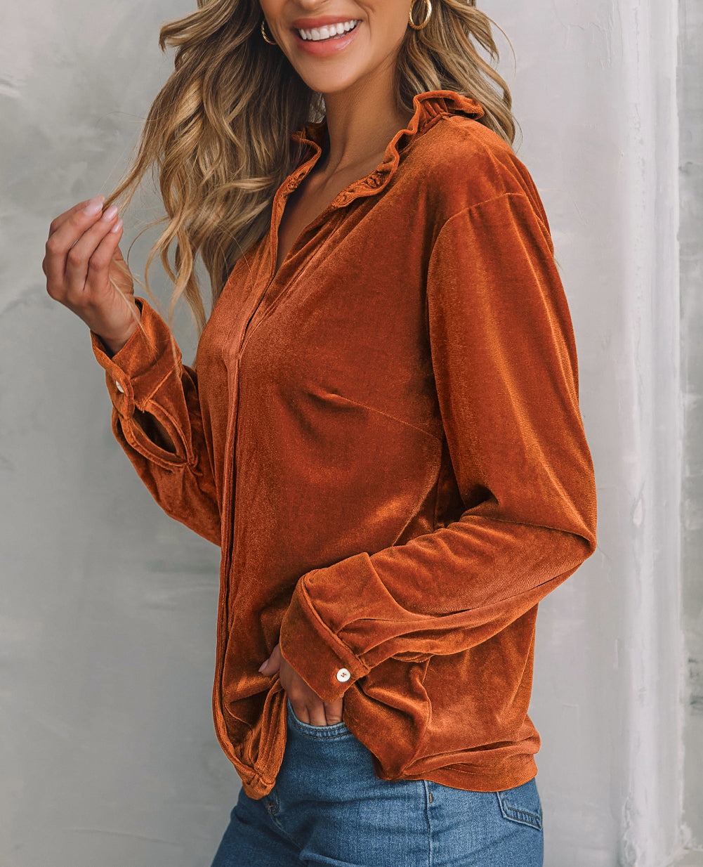 Frilled Collar Velvet Shirt