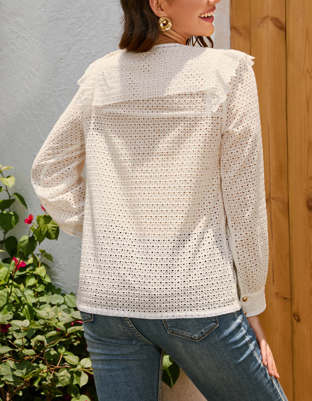 Hollowed Long Sleeve Round Neck Ruffled Blouse