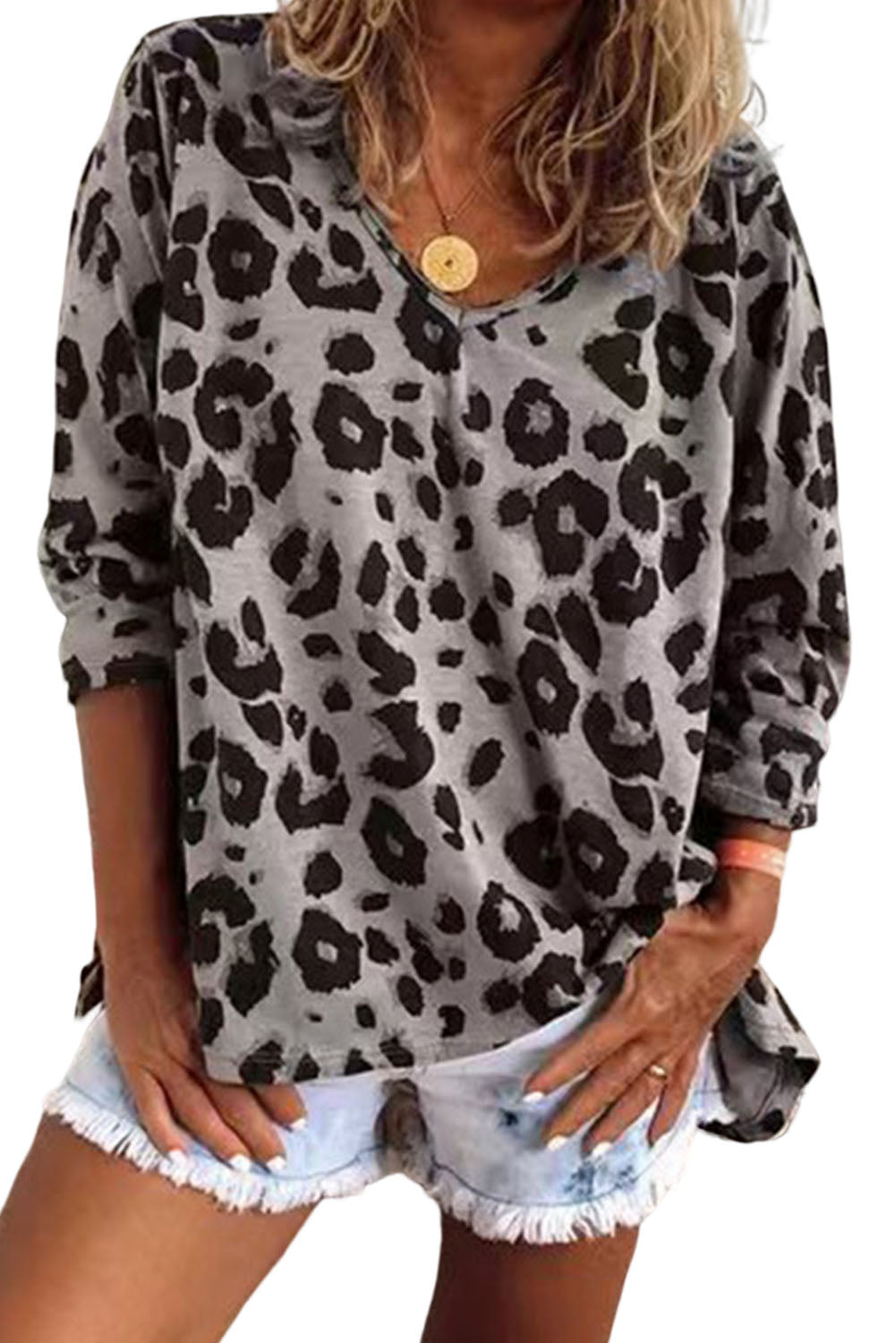 Leopard Split Joint V Neck Long Sleeve Tops