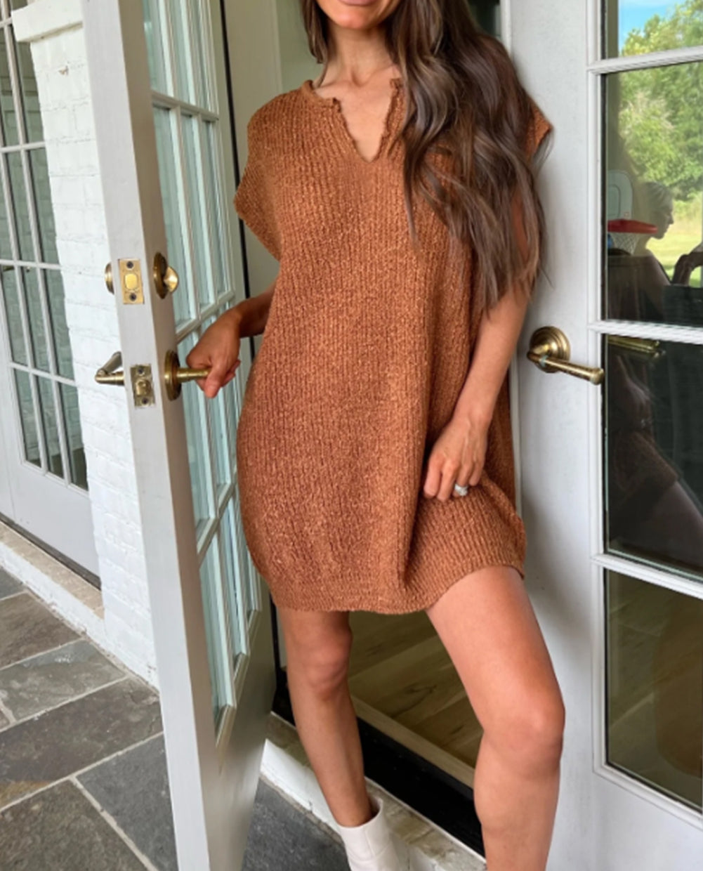 Solid Color Short Sleeve Notched V Neck Sweater Dress