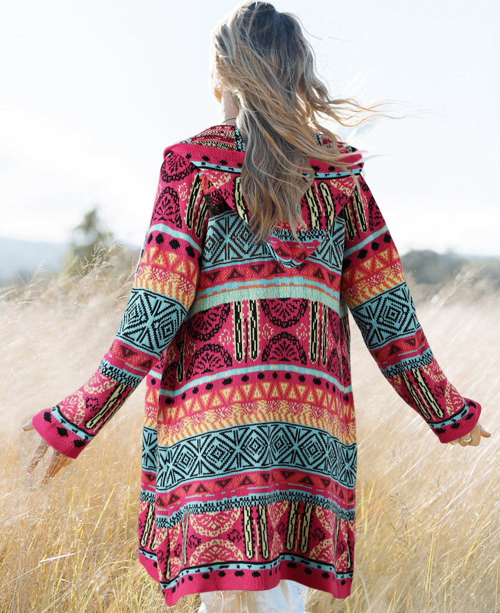 Boho Aztec Knitted Pom Pom Tie Hooded Cardigan