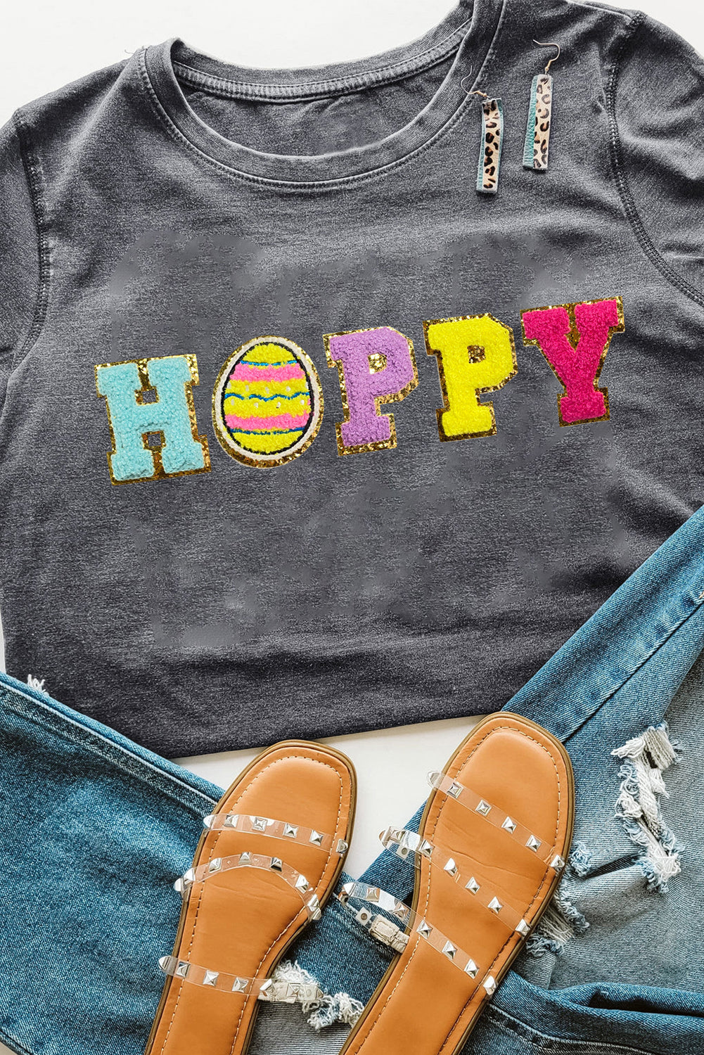 Easter Egg HOPPY Chenille Patched Pattern T Shirt