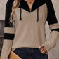 Textured Colorblock Long Sleeve Quarter Zip Drawstring Hooded Top