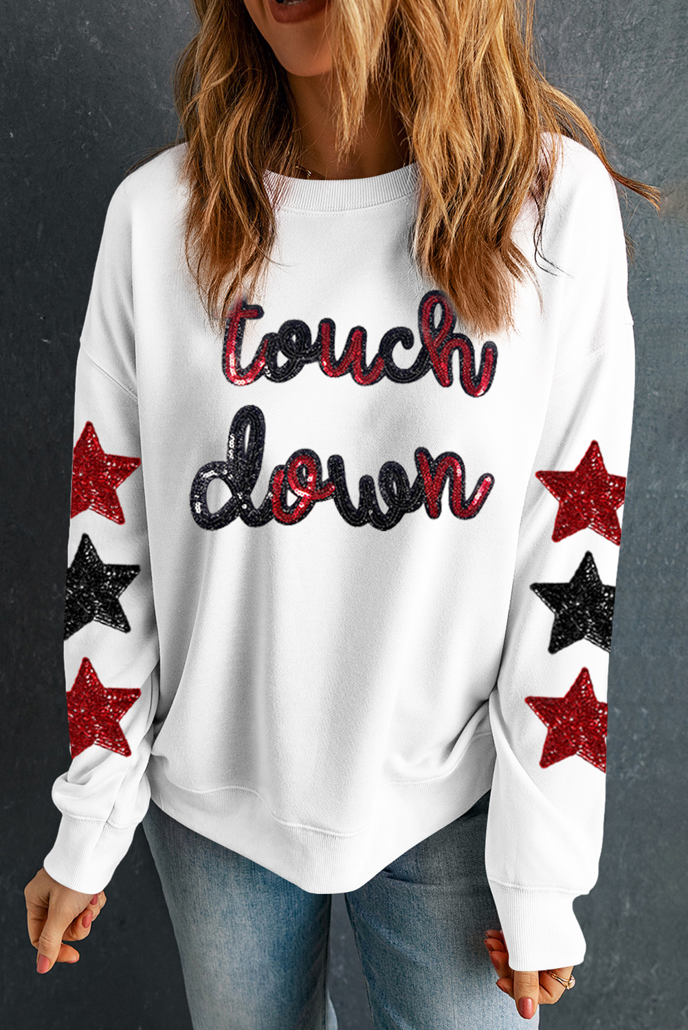 Sequined Touch Down Graphic Star Drop Shoulder Sweatshirt