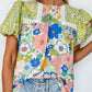 Bubble Sleeve Lace Trim Floral Mixed Print Blouse