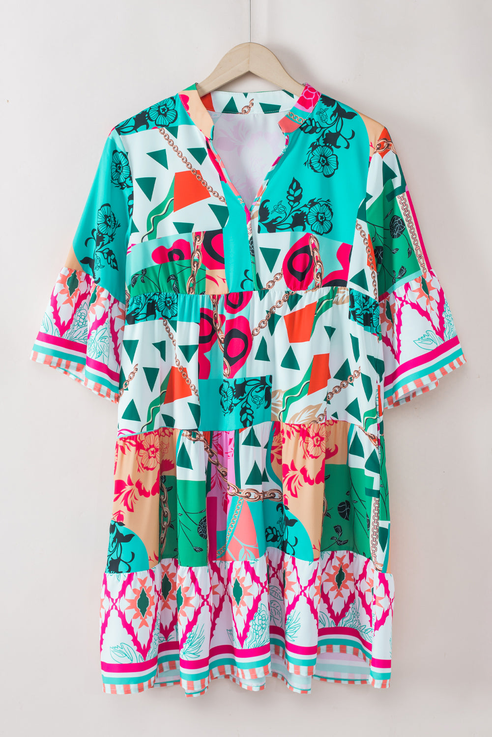 Abstract Printed Half Sleeve Notched Neck Mini Dress