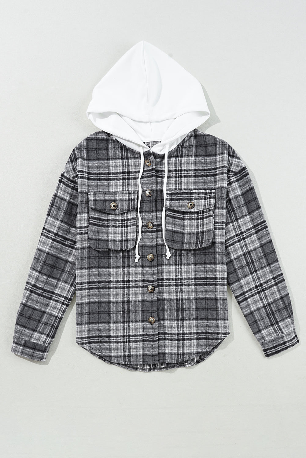 Plaid Print Flap Pockets Contrast Hooded Loose Shacket