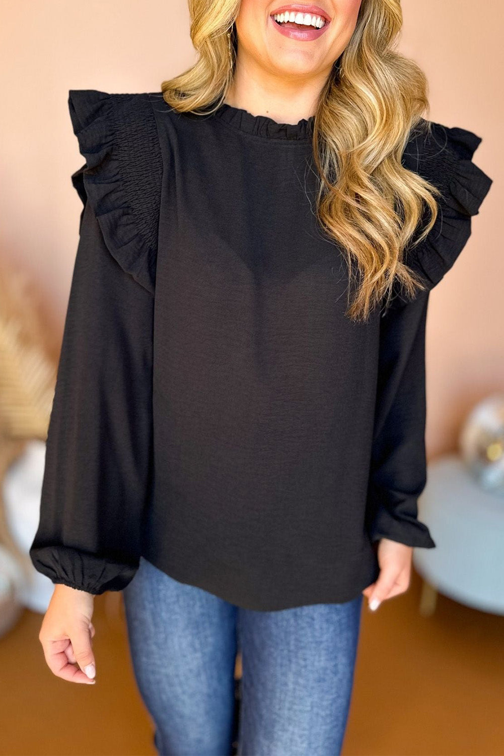 Frilled Neck Ruffled Trim Bubble Sleeve Blouse