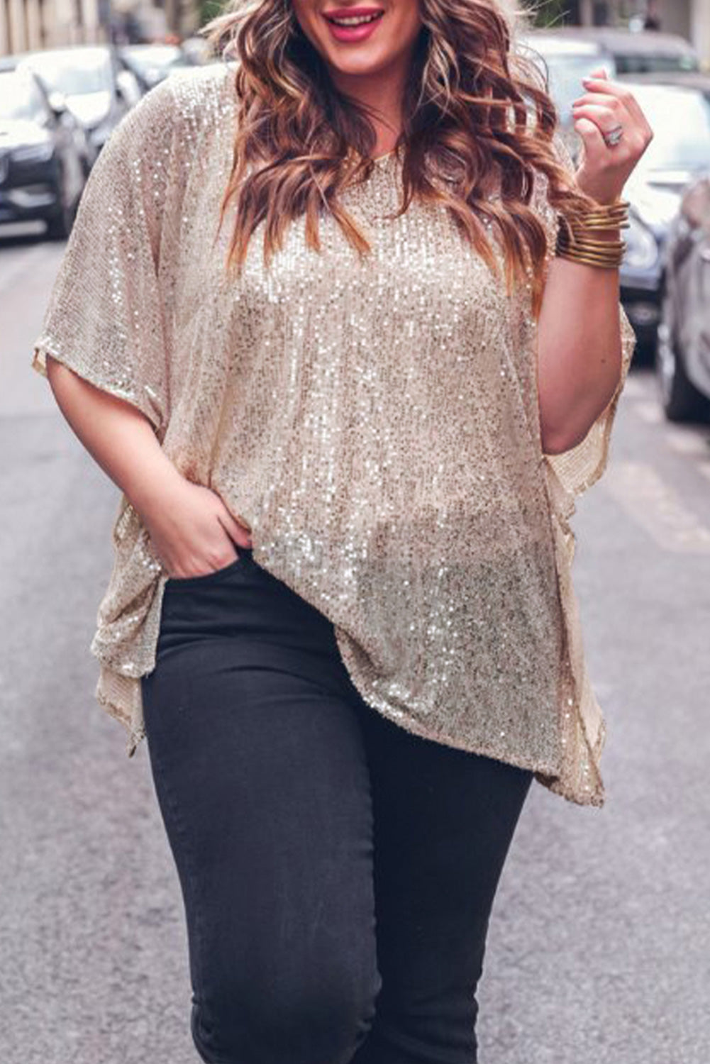 Plus Size Sequined V Neck Boxy Top