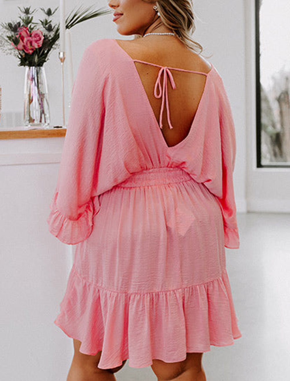 Ruffled Knotted Open Back Wrap V Neck Plus Size Dress