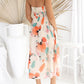 Strapless Shirred Abstract Print Split Long Dress