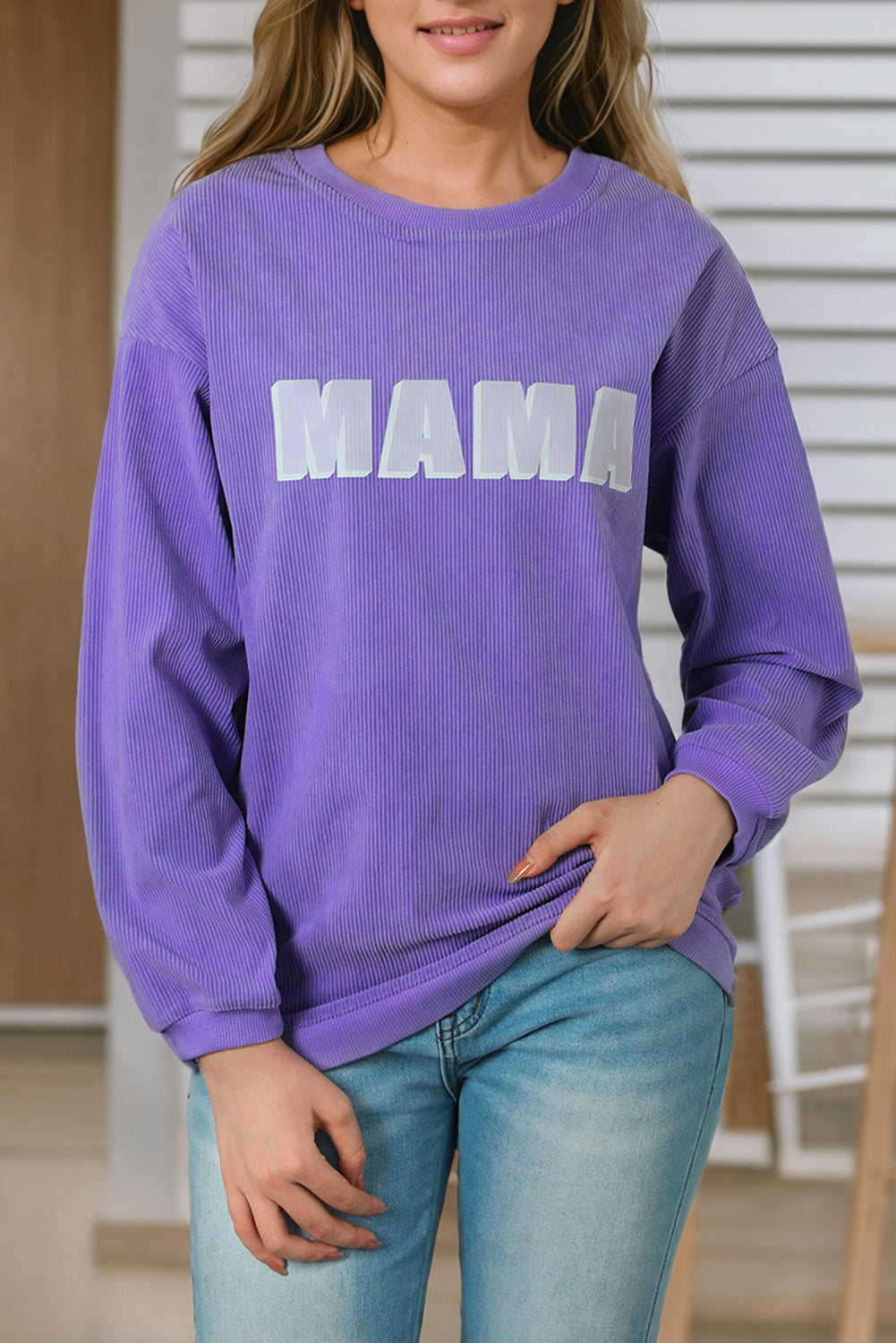 MAMA Ribbed Crew Neck Pullover Sweatshirt