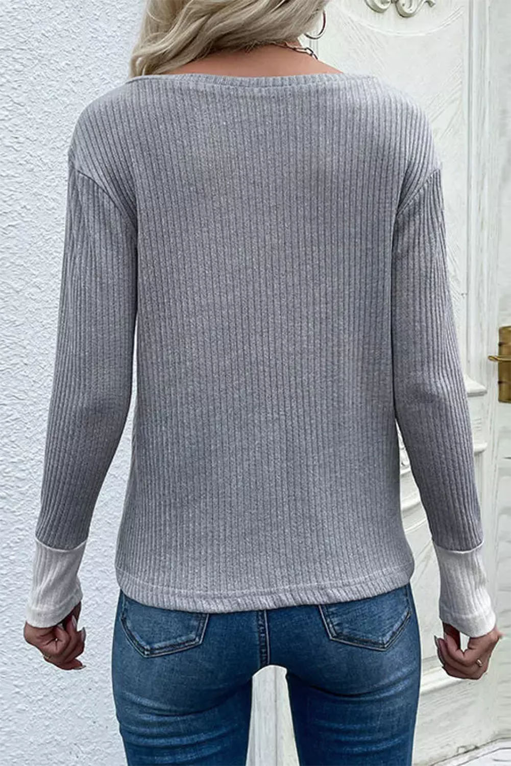 Patchwork Ribbed Color Block V Neck Top