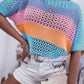 Knitted Eyelet Colorblock Striped Half Sleeves Top