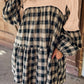 Plaid Waffle Knit Patchwork Collared V Neck Plus Size Mini Dress