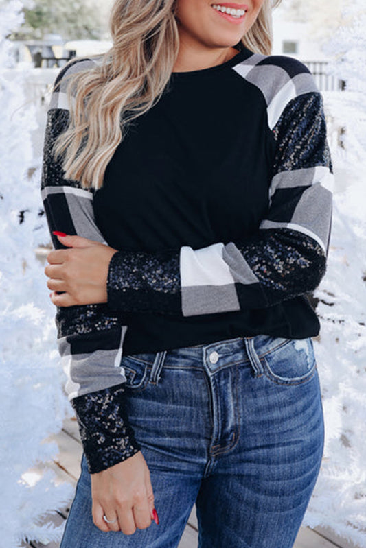 Sequin Plaid Patchwork Raglan Sleeve Top