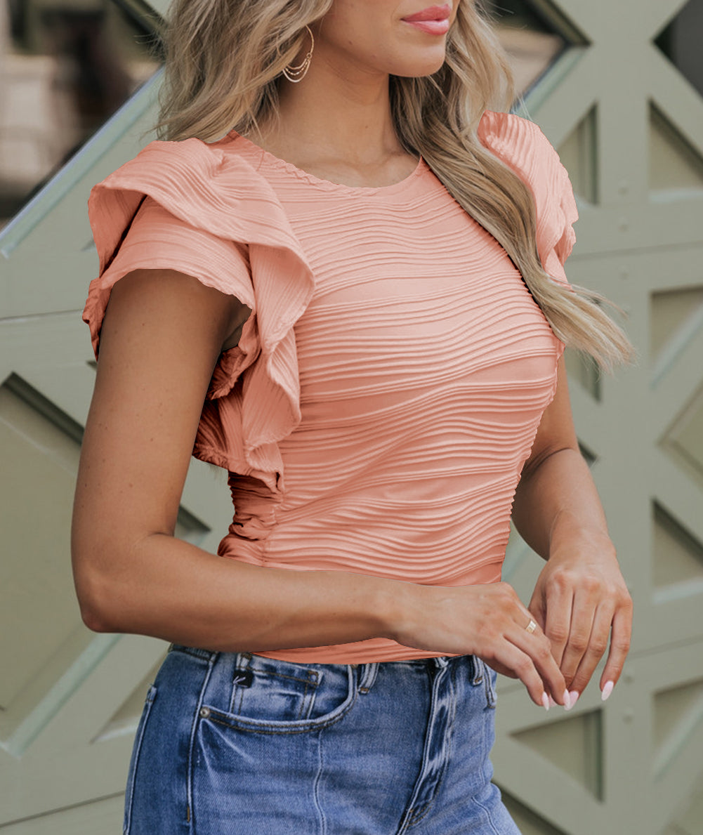 Wavy Textured Ruffle Sleeve Top