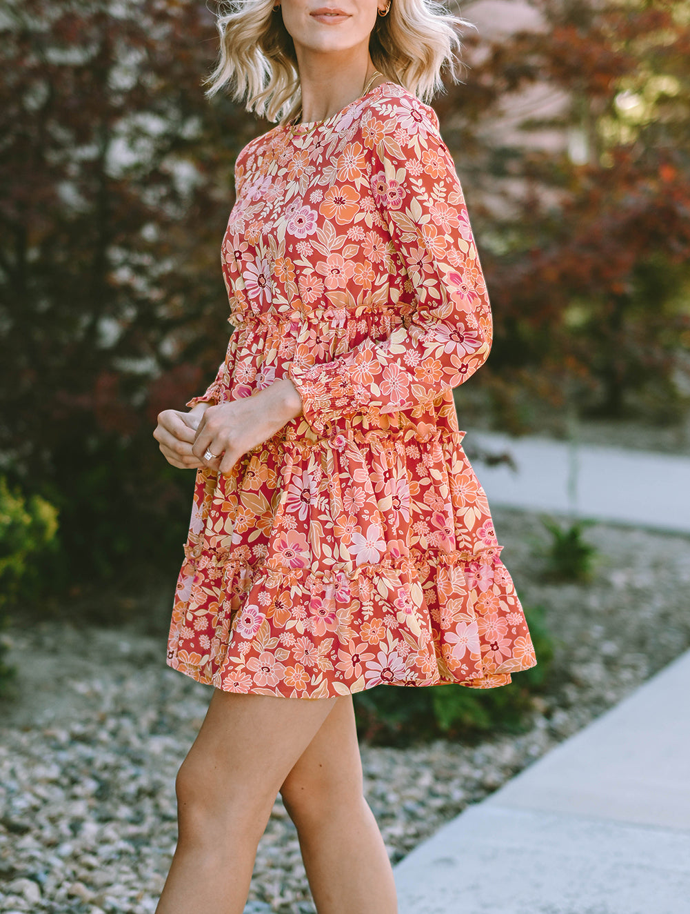 Floral Long Sleeve Frill Tiered Mini Dress