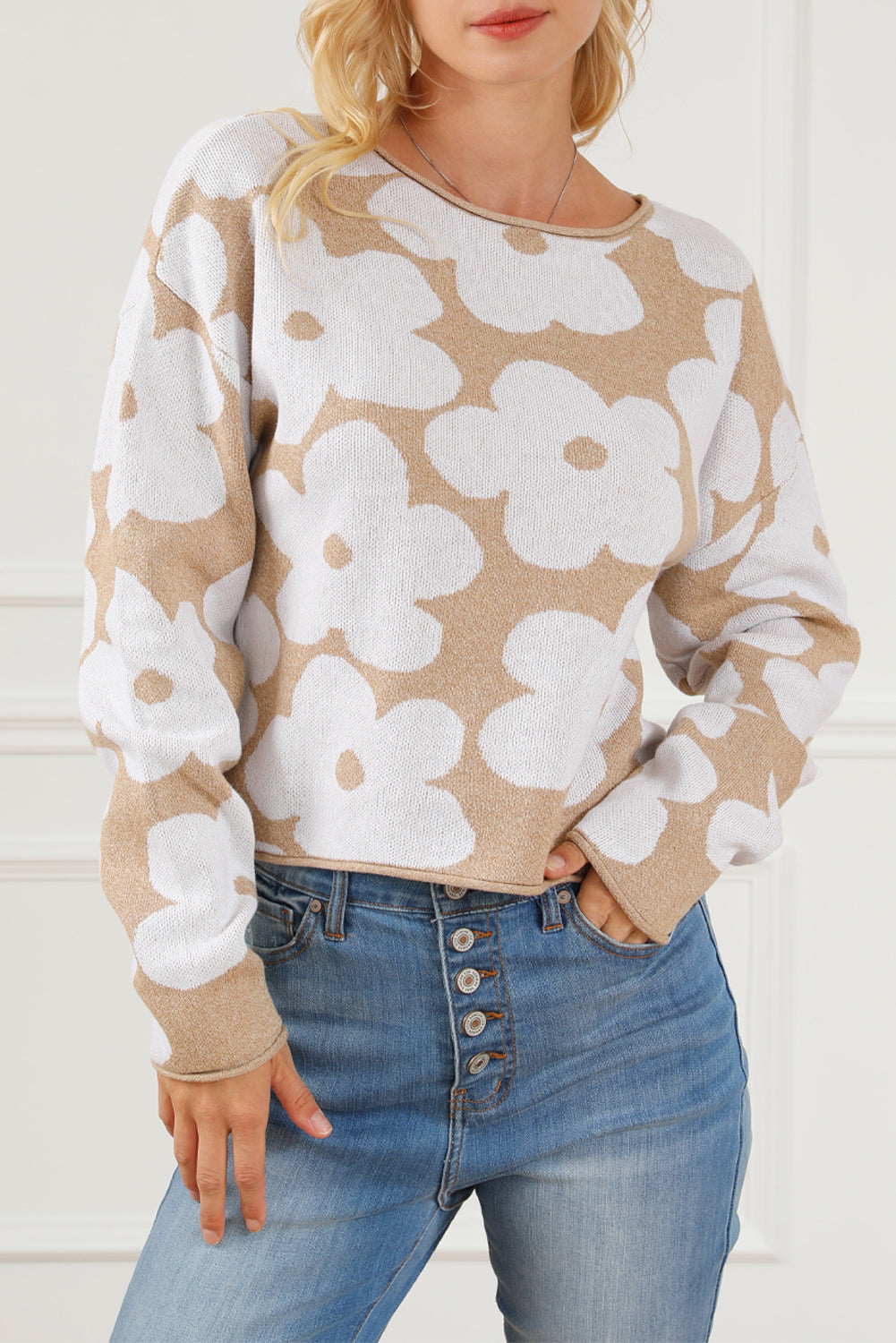 Flower Pattern Cropped Sweater