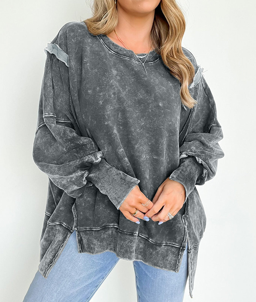 Acid Wash Relaxed Fit Seamed Pullover Sweatshirt with Slits
