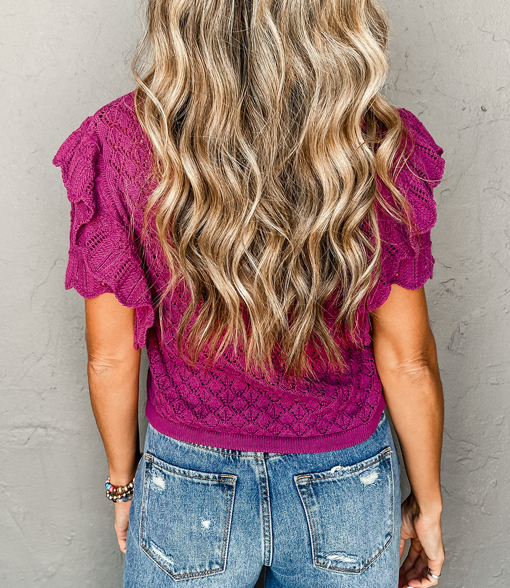 Ruffled Short Sleeve Textured Knit Sweater