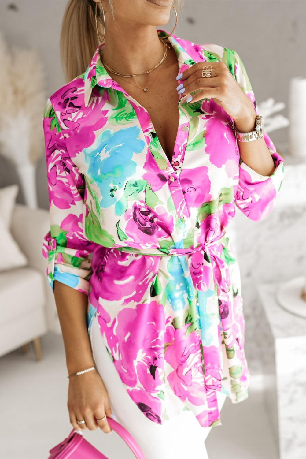 Floral Print Lace-up Roll Tab Sleeve Tunic Shirt