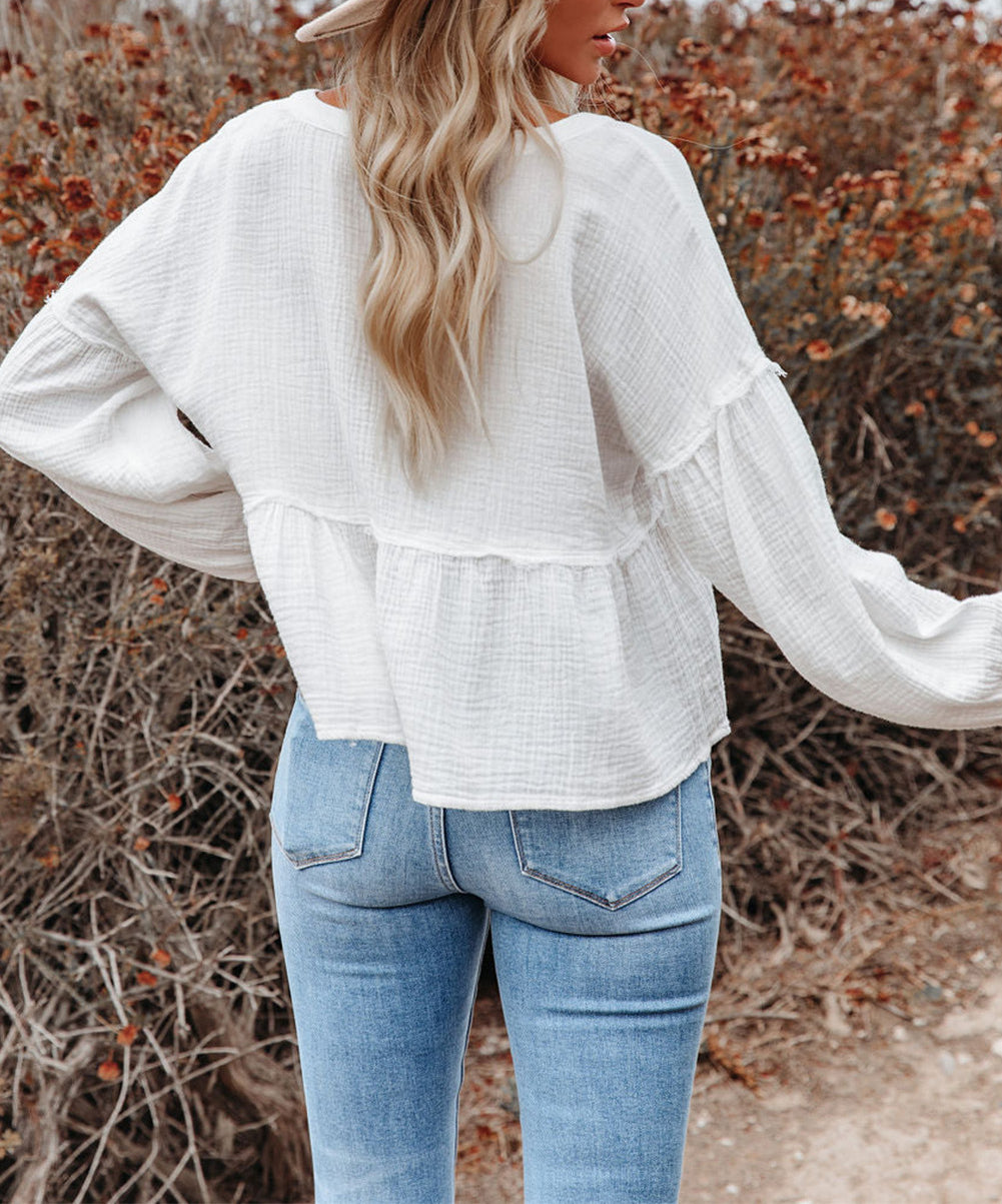 Retro Stitching Long Sleeve Peplum Blouse