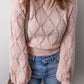 Openwork Plaid Puff Sleeve Cropped Sweater