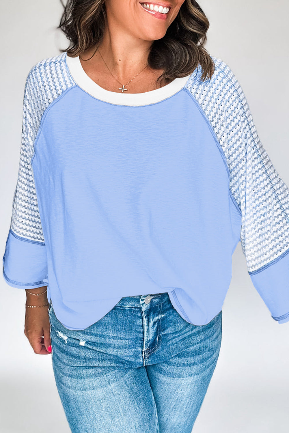 Striped Bracelet Sleeve Raglan Patchwork Top