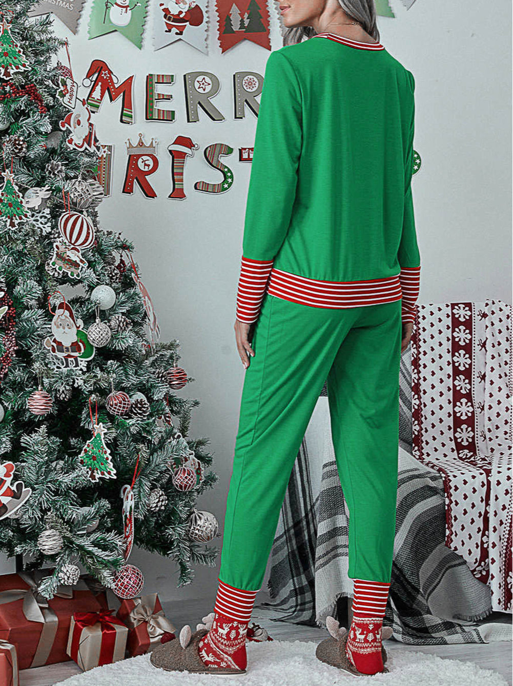 Christmas Striped Contrast Two Piece Lounge Set